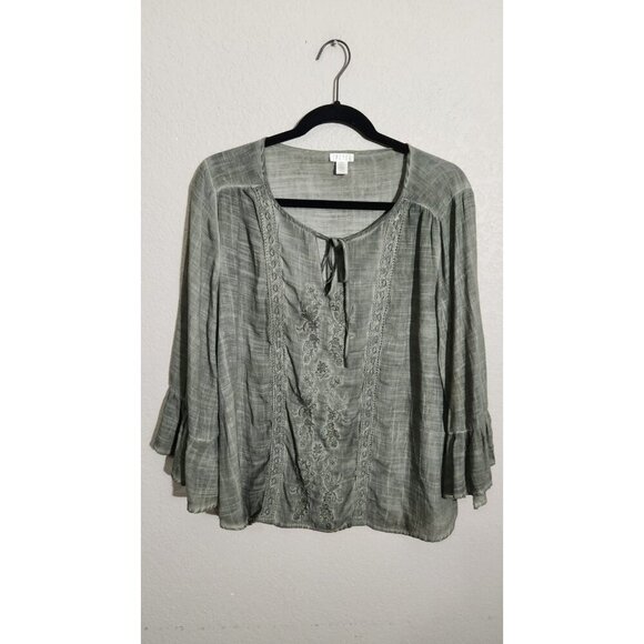 Spense Blouse Womens Large Embroidered Boho Peasant Top 3/4 Sleeve Tie Detail - Picture 1 of 16